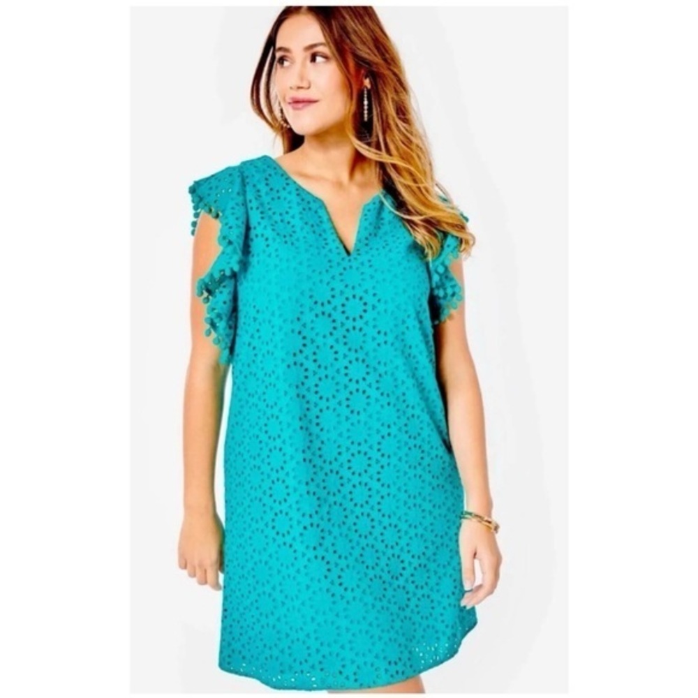 Lilly Pulitzer Teal Eyelet Lace Pom Pom Detail Mini Dress GUC XS #1111